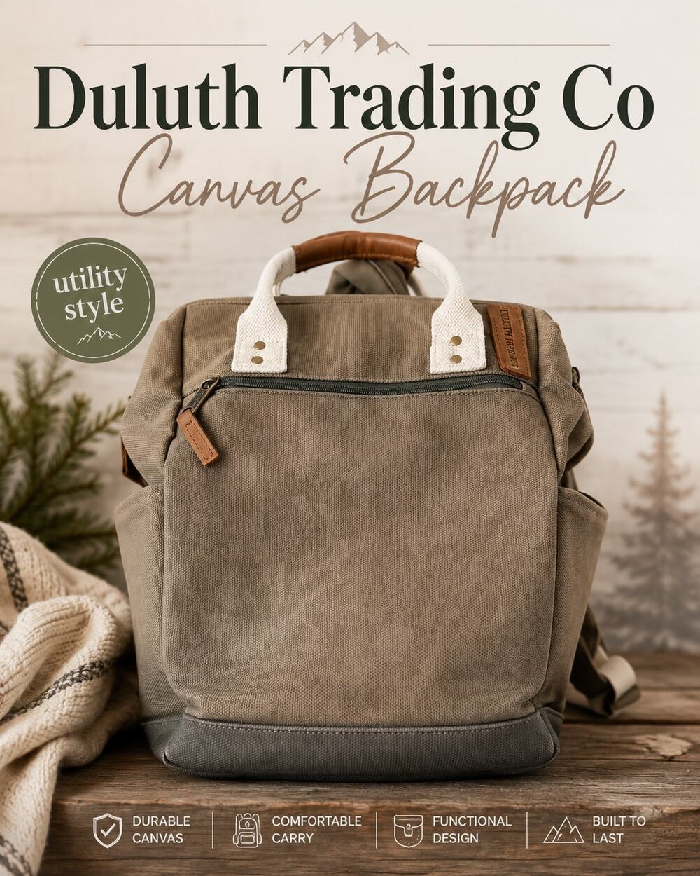 Duluth Trading Co Canvas Backpack Tote Khaki Leather Trim Laptop Travel Bag